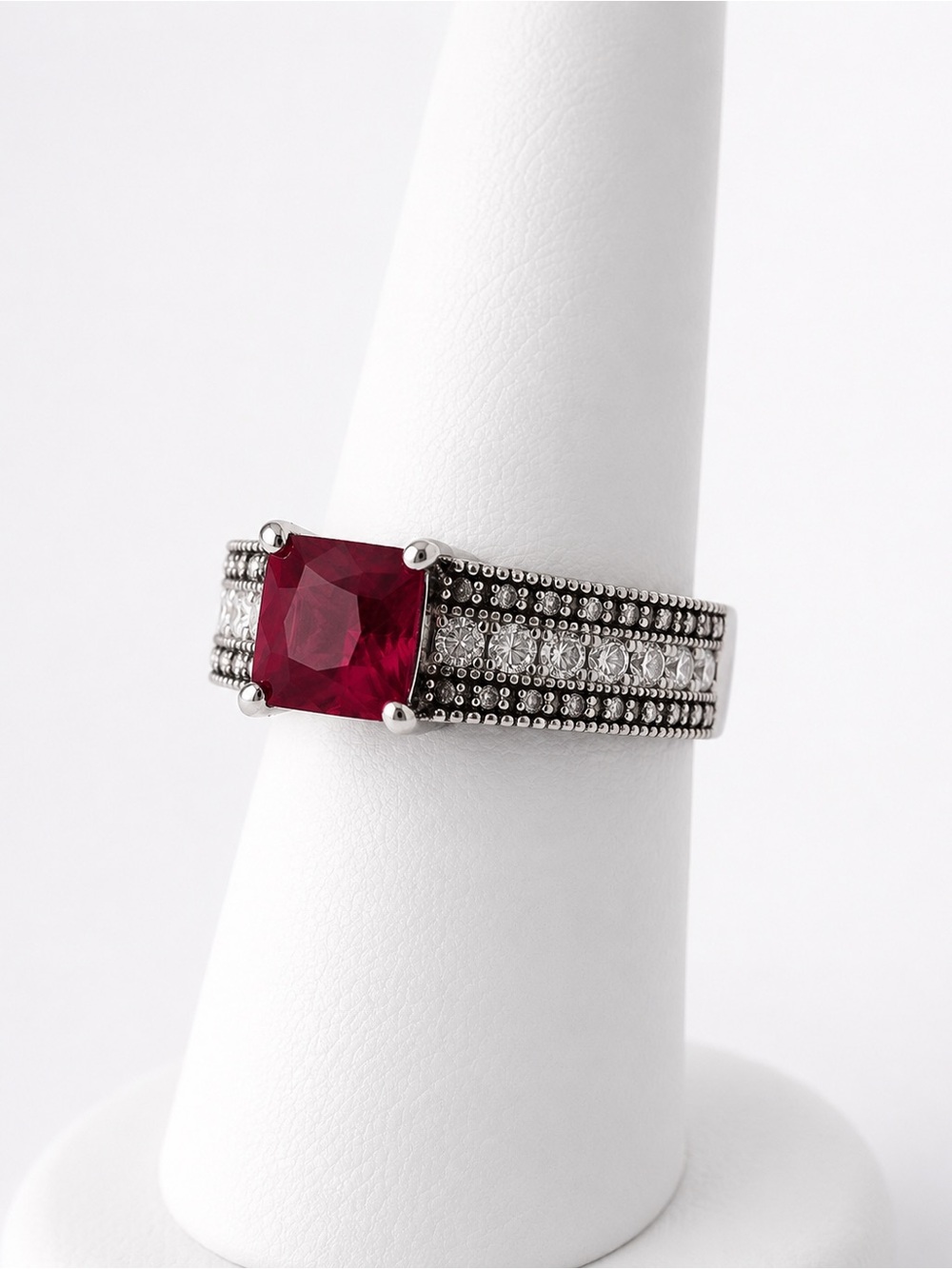 Silver Ring with Red Cushion Gemstone and Accent Stones size 7